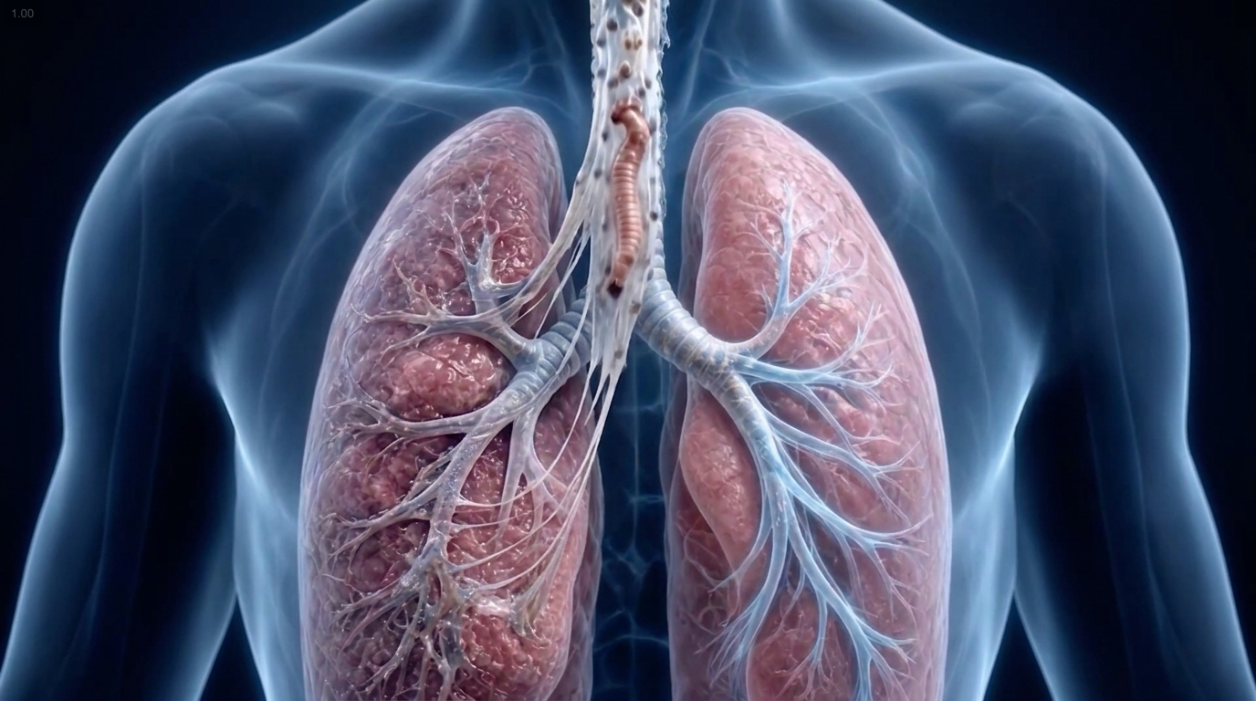 Medical illustration of alveoli and airway defenses